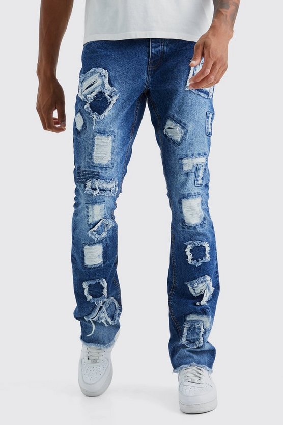 Tall zerrissene Slim-Fit Patchwork Schlagjeans