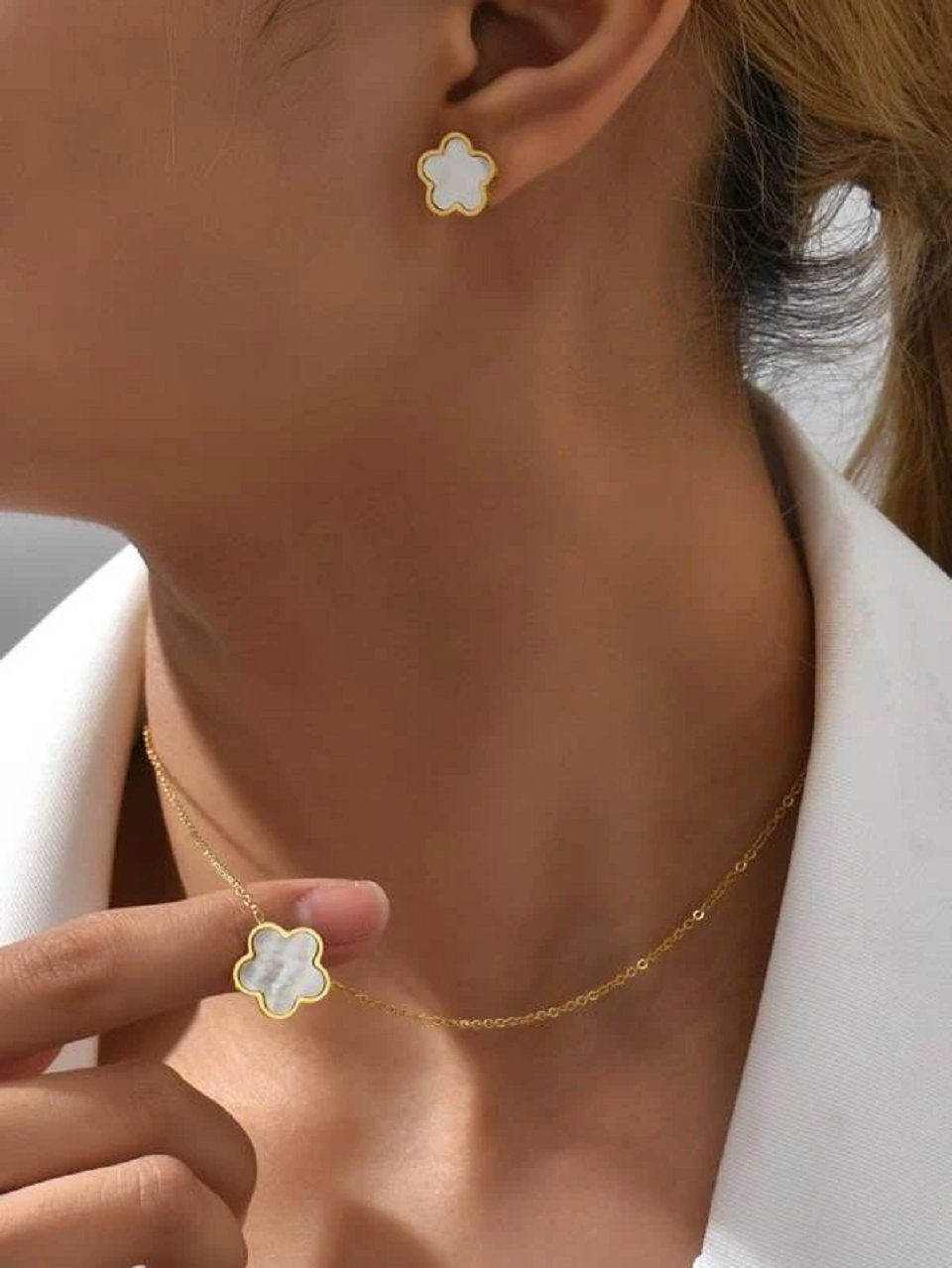 ENGELSINN Ohrring und Ketten Set Schmuckset 3er Edelstahl-Schmuckset Halskette Ohrringe Blume Gold (3-tlg), Perlmutt inkl. Geschenkbox