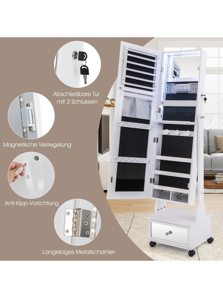 COSTWAY Schmuckschrank LED mit Rollen 159cm in Weiß günstig kaufen onesize