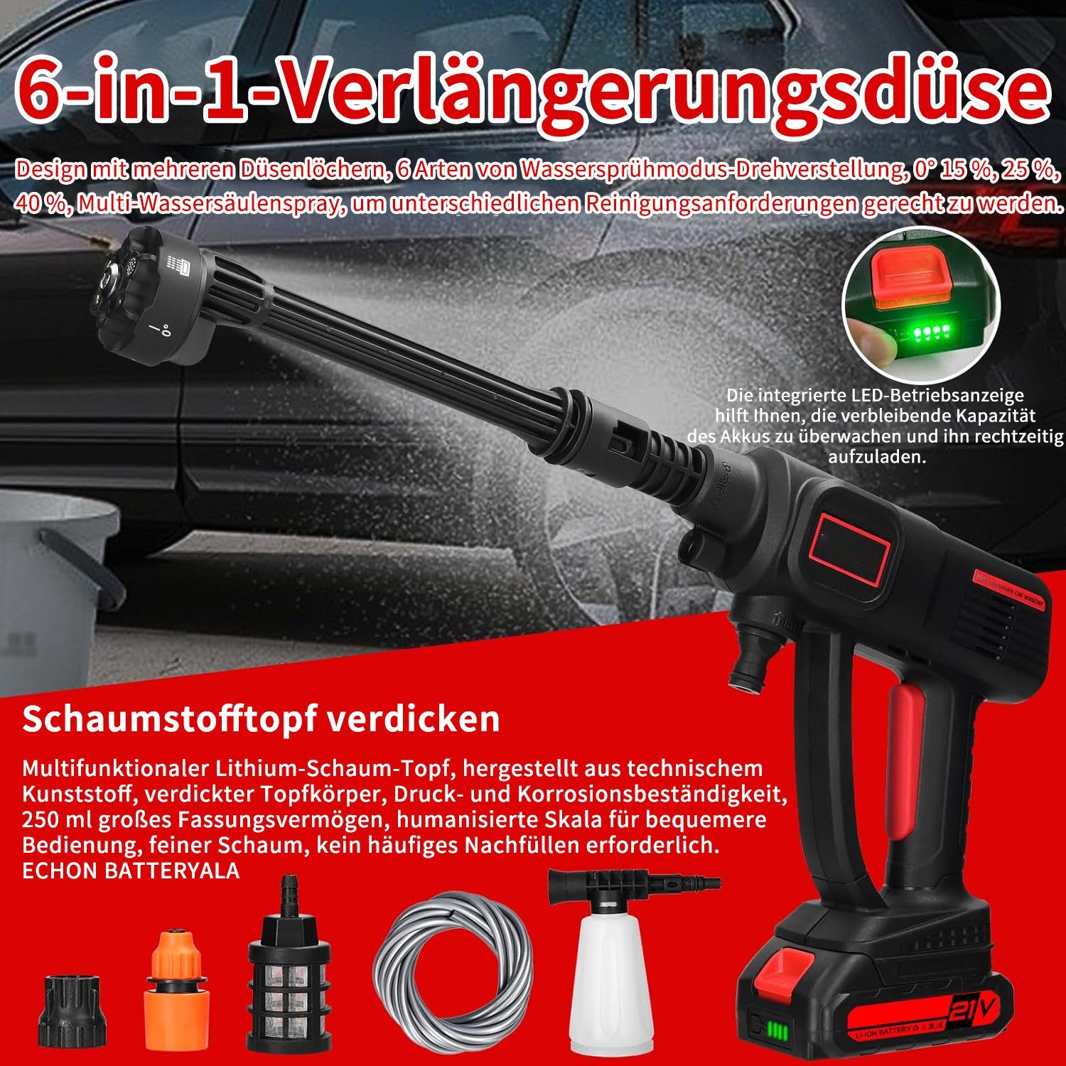 JOEAIS Hochdruckreiniger Akku Hochdruckreiniger Druckreiniger Mobiler Hochdruckreiniger Klein, 1800 mAh 21V mit 6-in-1 Multi-Sprühdüse 5M Schlauch mit 2 Batterien