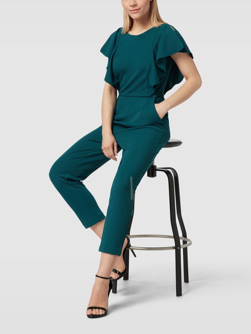 Jumpsuit mit Rüschen in dunkelgrün meliert