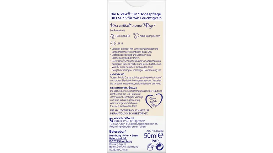 NIVEA 5in1 BB Tagespflege 24h Feuchtigkeit Heller Hauttyp LSF15 50 ml