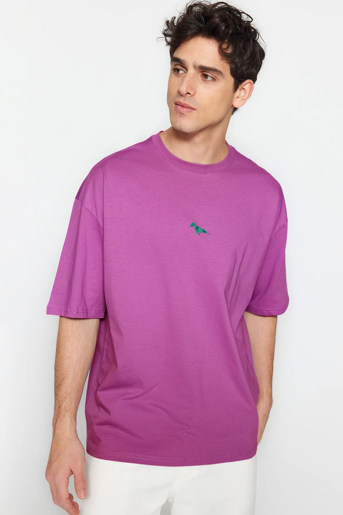 Trendyol Collection  Pflaumenfarbenes, übergroßes/weit geschnittenes T-Shirt mit Dinosaurier-Stickerei, kurzärmlig, 100 % Baumwolle TMNSS23TS00243
