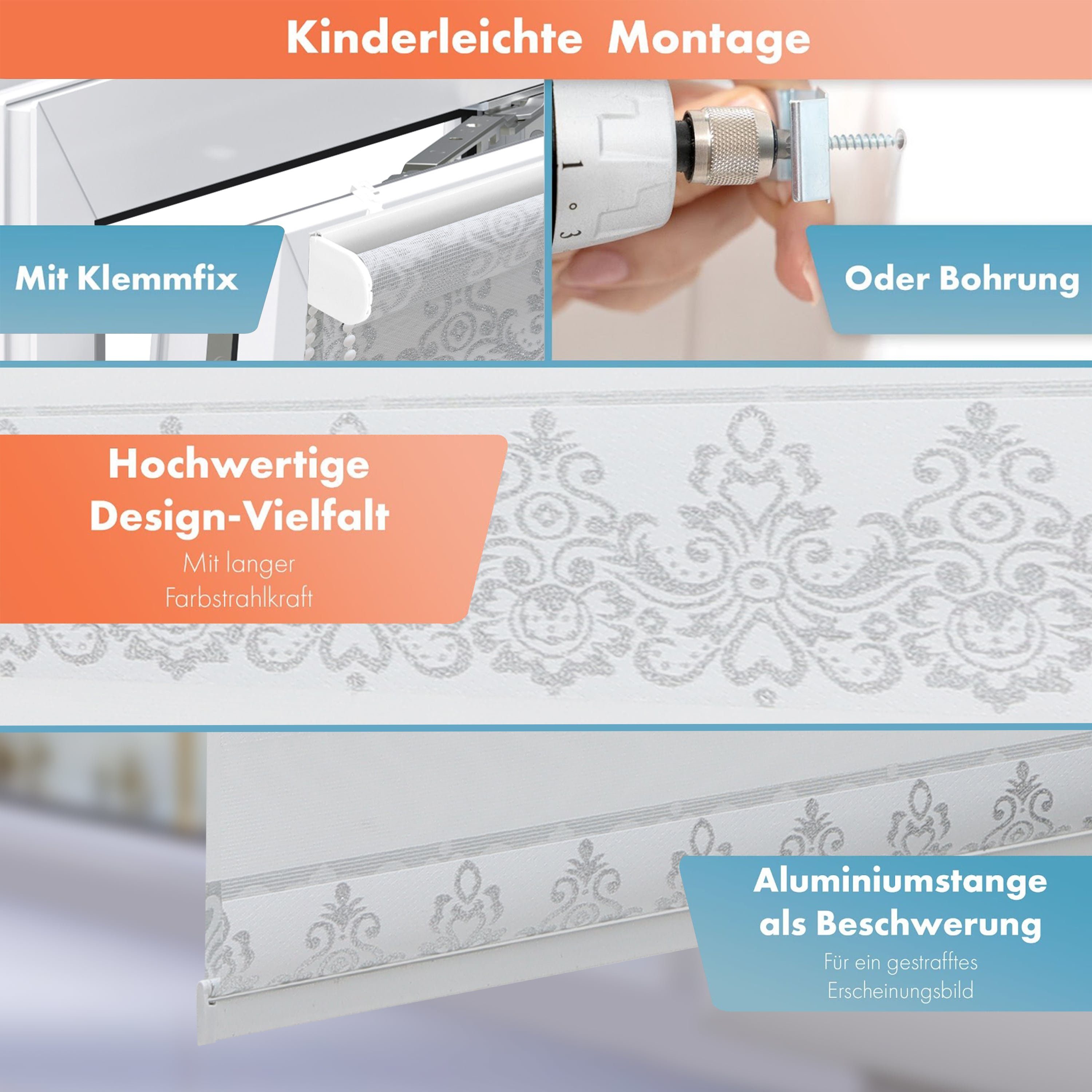 Doppelrollo mit Muster, Duo Rollo Klemmfix, Seitenzugrollo, Bailena, Lichtschutz, ohne Bohren, freihängend, Klemmfix, Barock Ornamente, gemustert, glitzernd