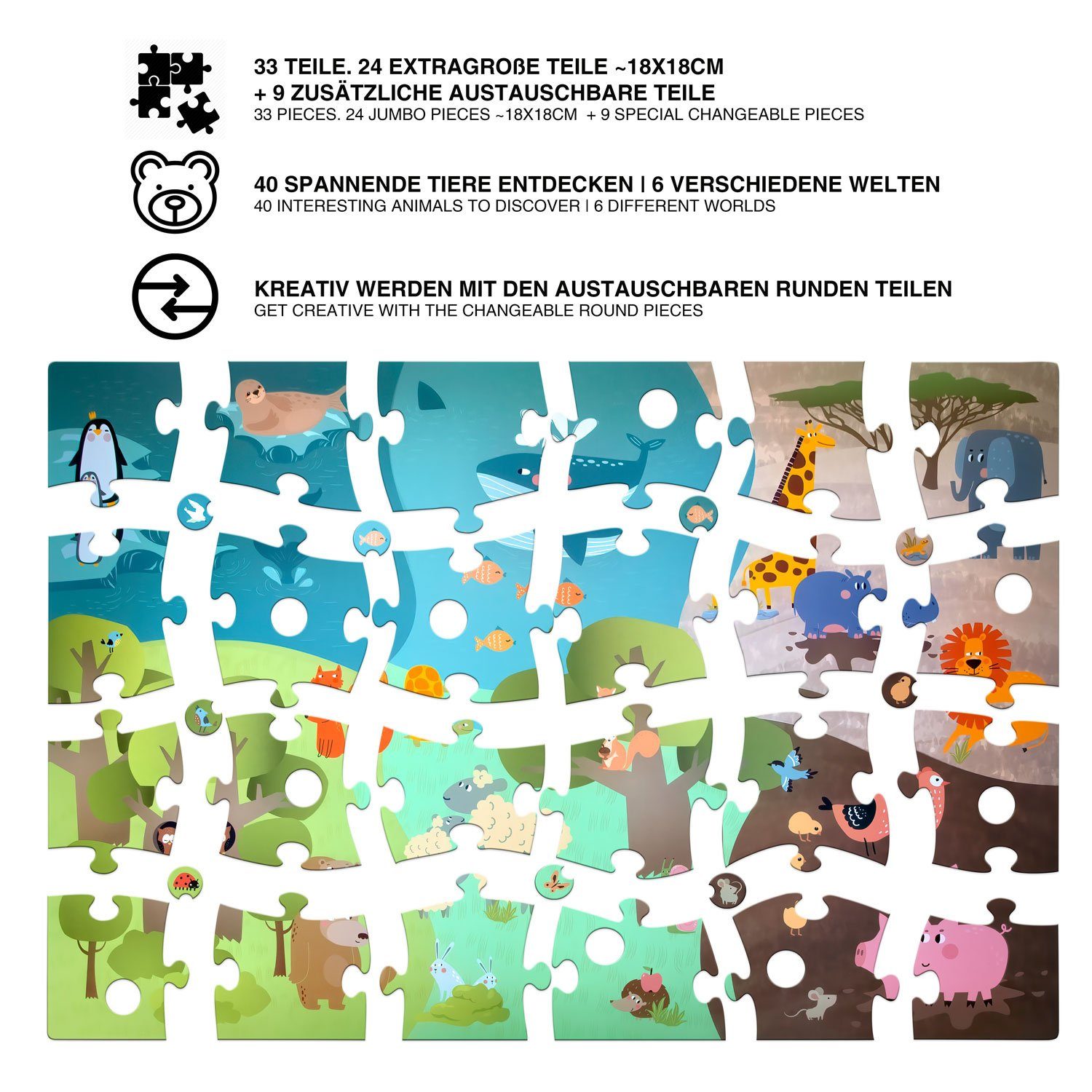 all Kids United Puzzle XXL Tiere Kinder-Spielzeug, 33 Puzzleteile, mit Tieren und Landschaft