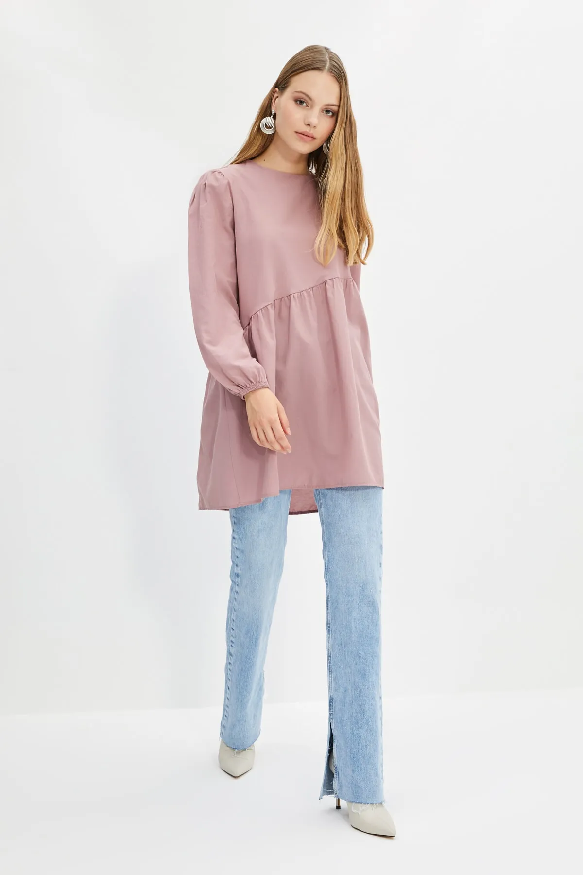 Trendyol Modest  Gewebte Tunika mit Rundhalsausschnitt und Kordelzug, Dried Rose TCTAW22UK0051