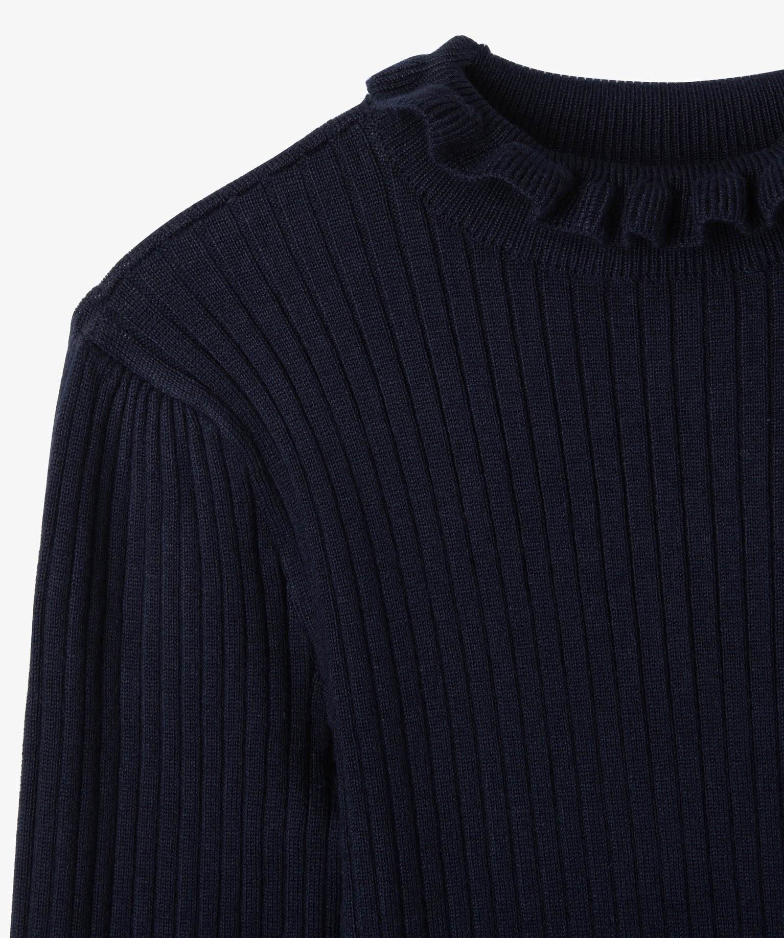 Pull en maille ctelée avec col montant froncé fille marine | GEMO