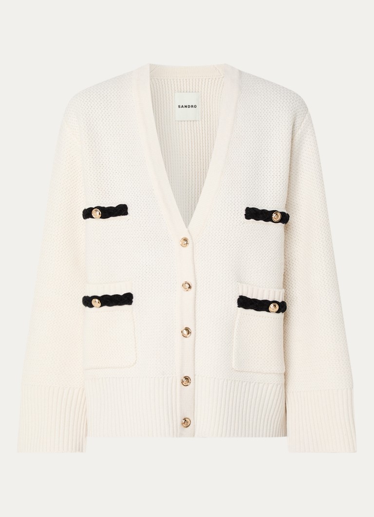 Cardigan gros din lână de la Sandro, cu buzunare aplicate.