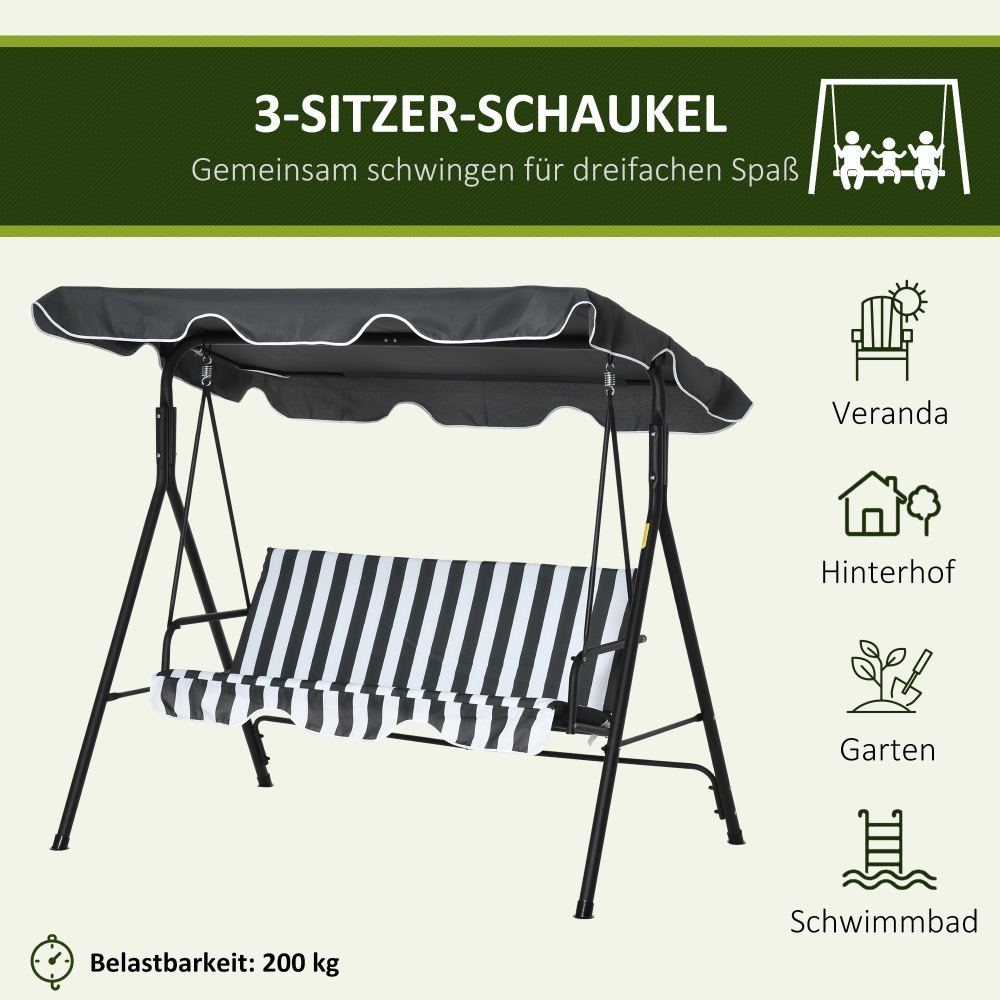 Outsunny Hollywoodschaukel Hollywoodschaukel, 3-Sitzer, Set, 1 tlg., 1 x Hollywoodschaukel, BxTxH: 172x110x153 cm