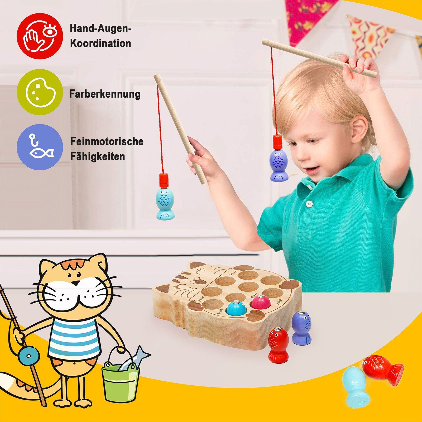 Wenta Lernspielzeug Magnetische Angelspiel Holz Fischspielzeug (Montessori Motorik Spielzeug Lernspielzeug), Geschenk für Kinder Mädchen Jungen ab 1 2 3 4 5 Jahre