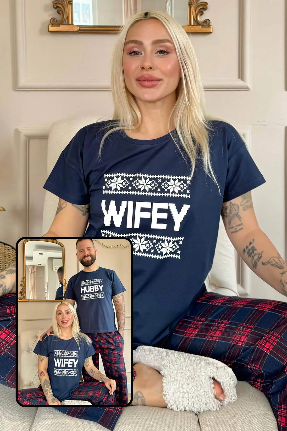 Pijamaevi  Marineblaues Wifey Kurzarm-Pyjama-Set für Damen von Dear Family