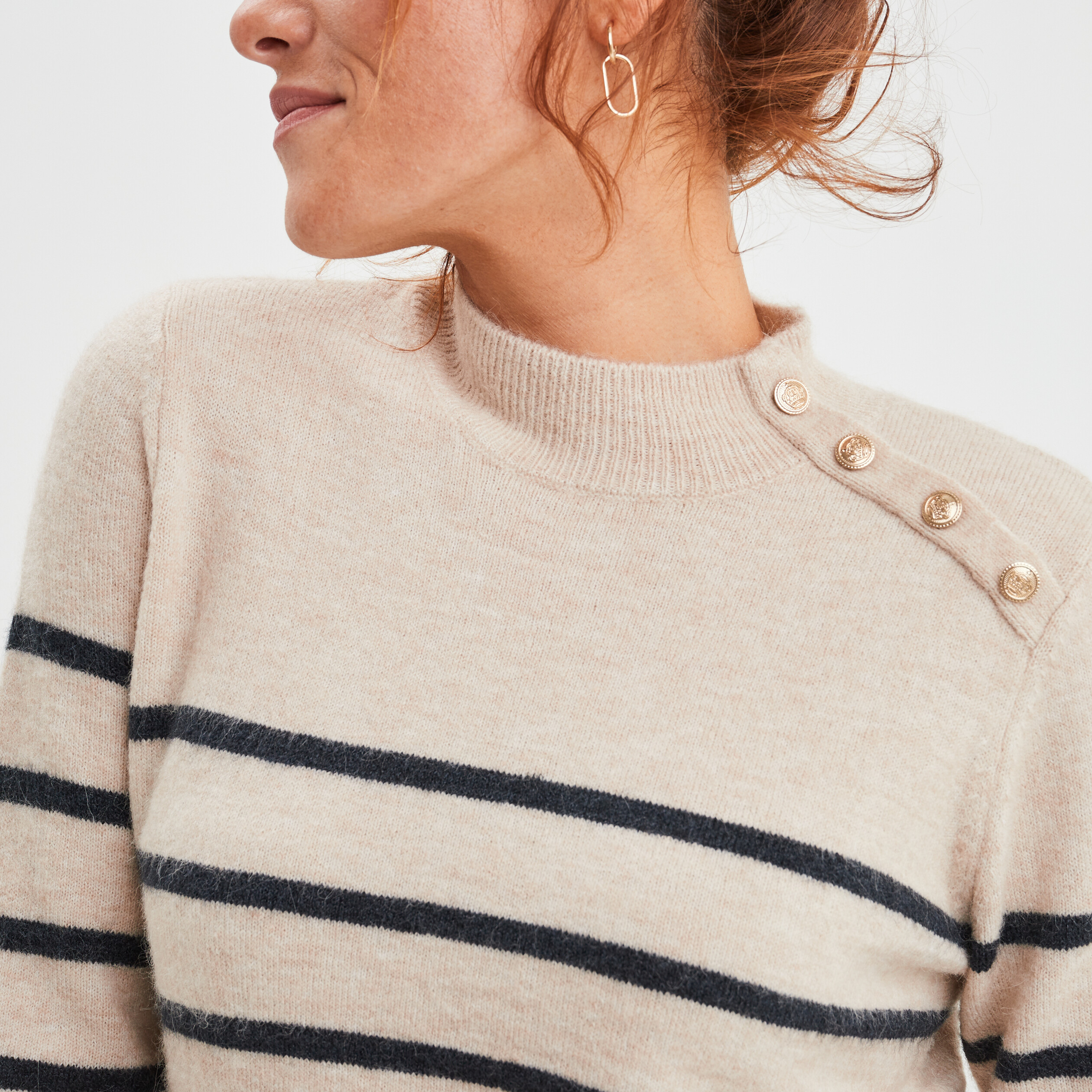 Pull marinière boutons à l'épaule sable femme | La Halle