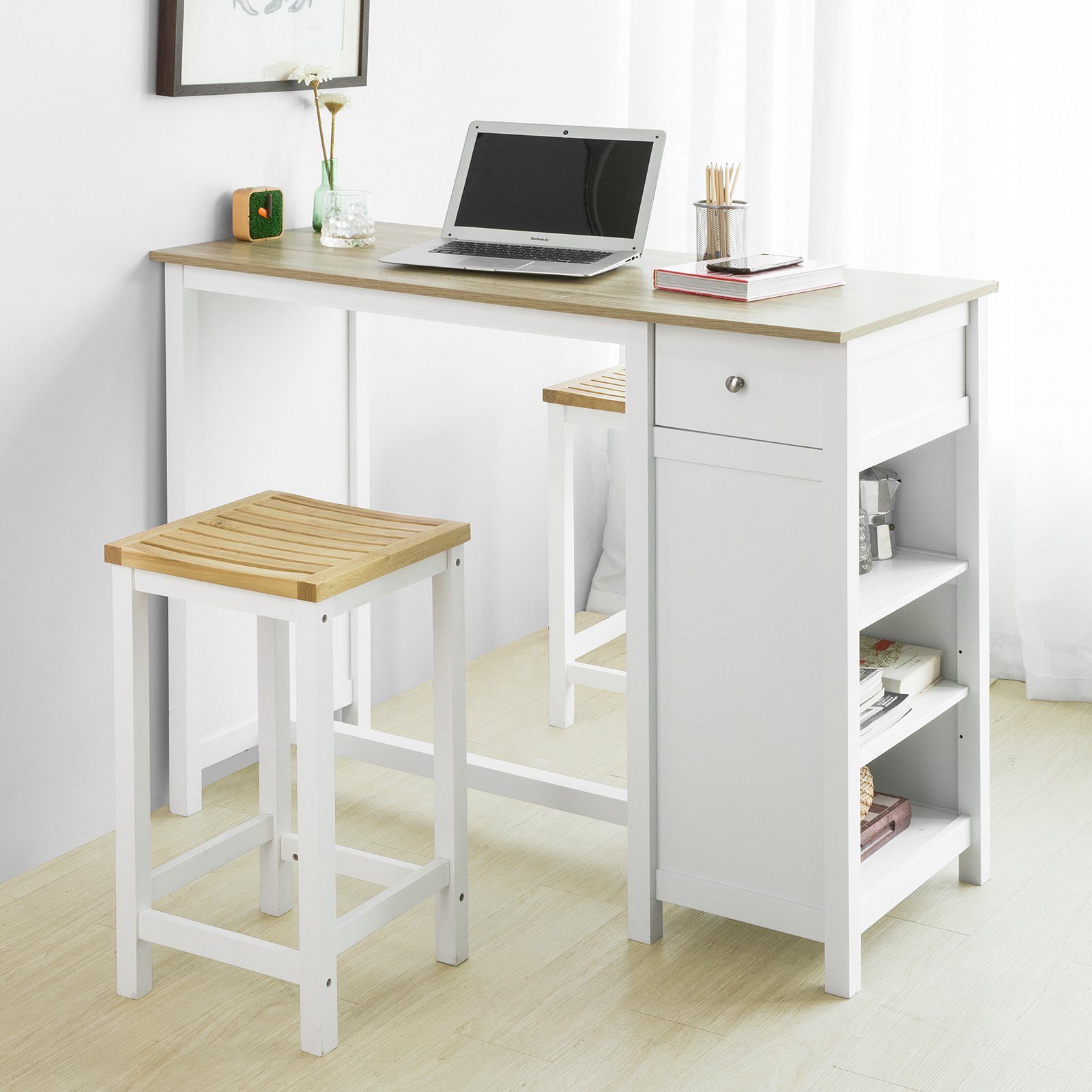 SoBuy Bartisch FWT64, Küchentheke Küchenbartisch mit Einer Schublade und 3 Regalfächern Bistrotisch Kücheninsel Tresentisch weiß-Natur BHT: 120x90x55cm