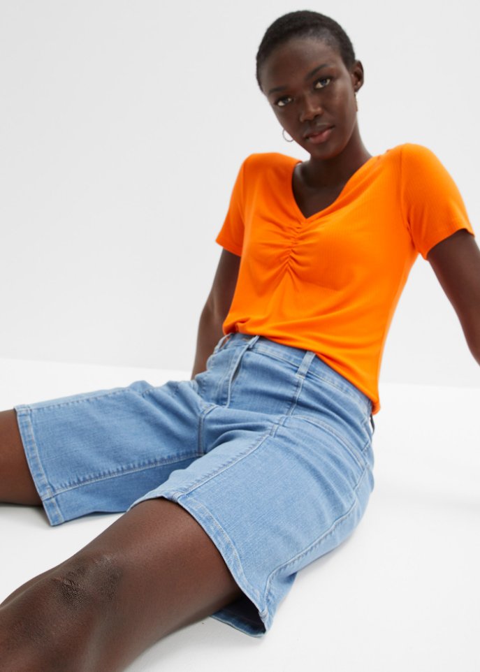 High-Waist-Jeans-Bermuda mit großen Taschen und Bequembund