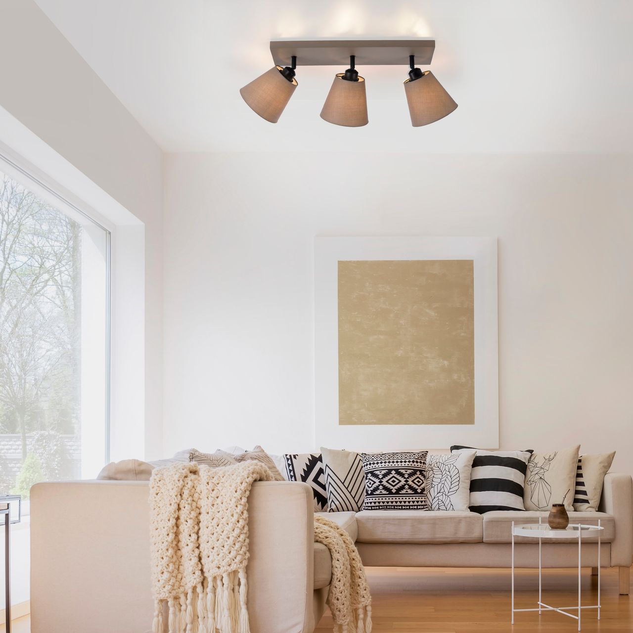 JUST LIGHT LeuchtenDirekt Deckenleuchte RIALA, 3-flammig, E27, Leuchtköpfe verstellbar, Stoffschirme, taupe, IP20