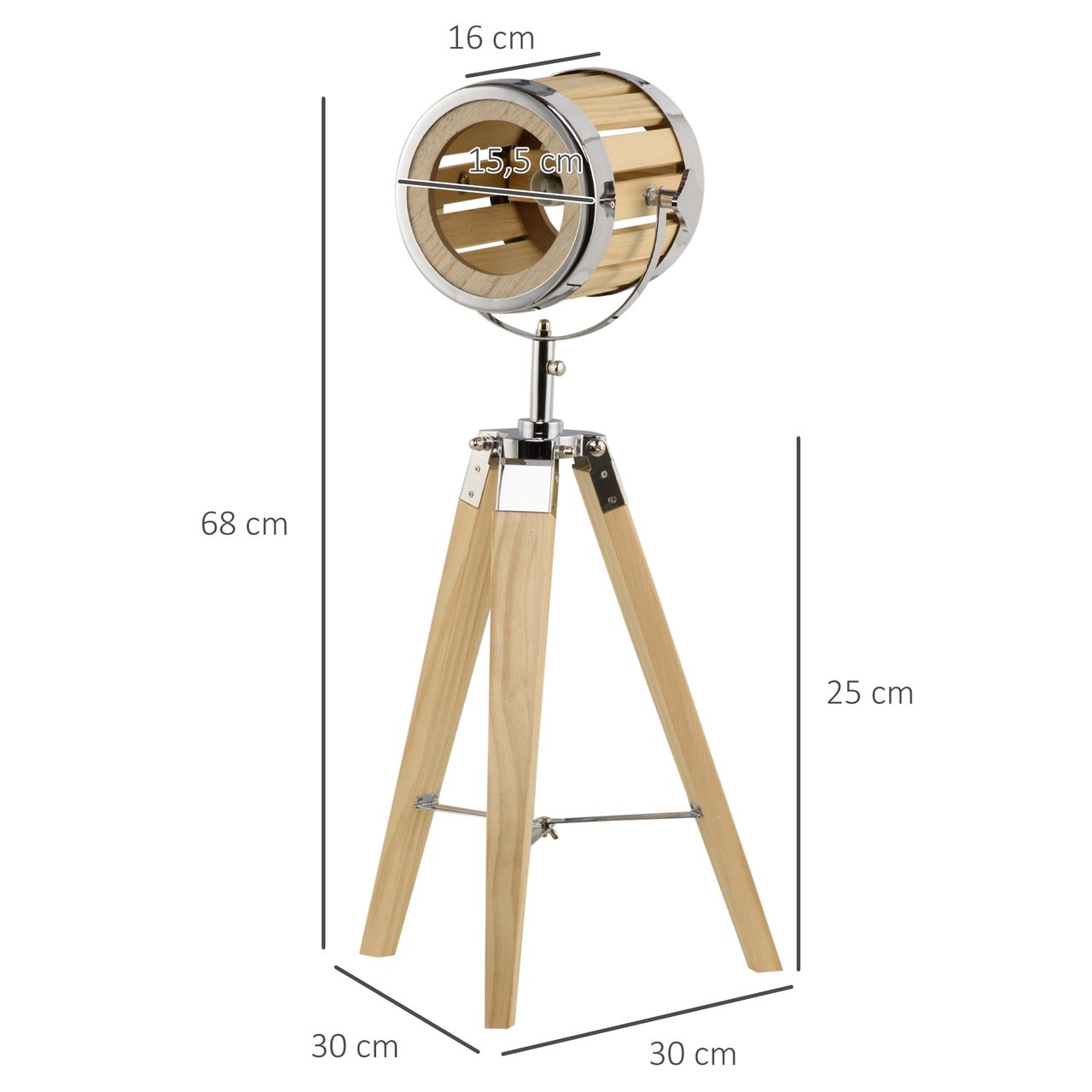 HOMCOM Tischlampe Stativ Tischleuchte 40 W Stativlampe Nachttischlampe Tripodlampe mit Dreibein und verstellbarem Holzlampenschirm E14 Sockel Stahl Natur 30 x 30 x 68 cm
