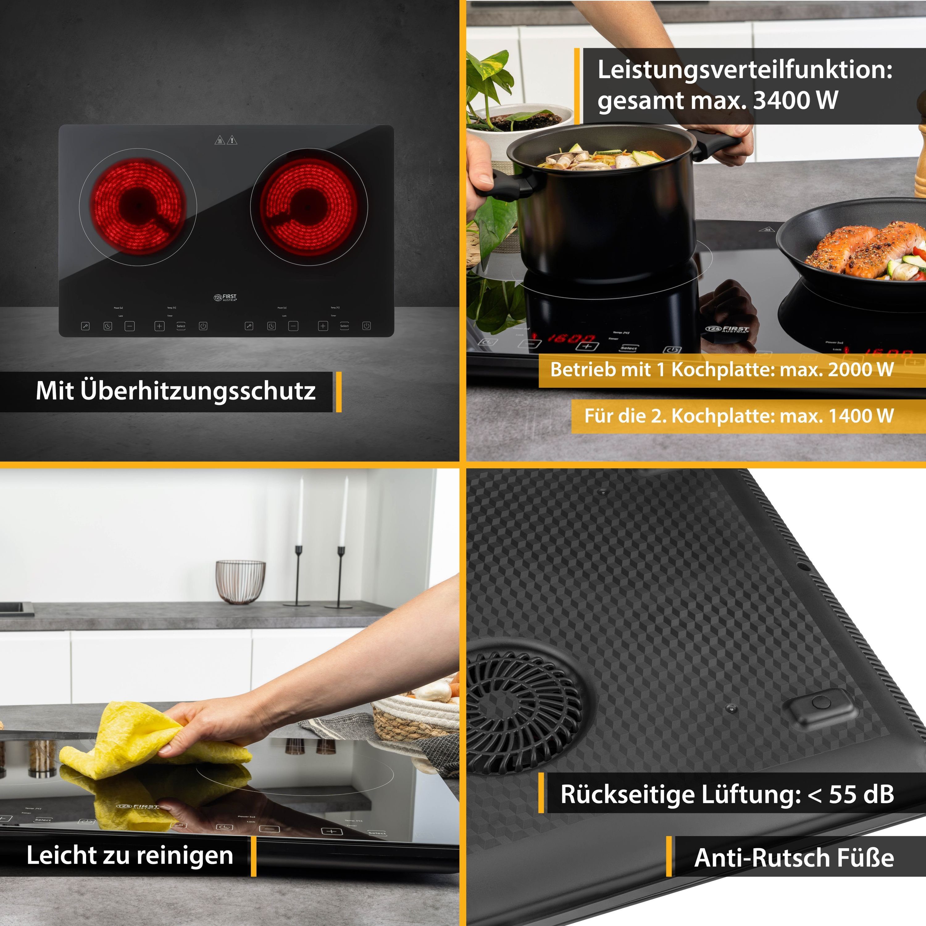 TZS FIRST AUSTRIA Doppelkochplatte Induktionskochplatte doppelt, 3400W, Slim-Design, Timer, Mobil, Induktion Kochplatte, 3400W, Keramik, Infrarot, Temperaturregelung