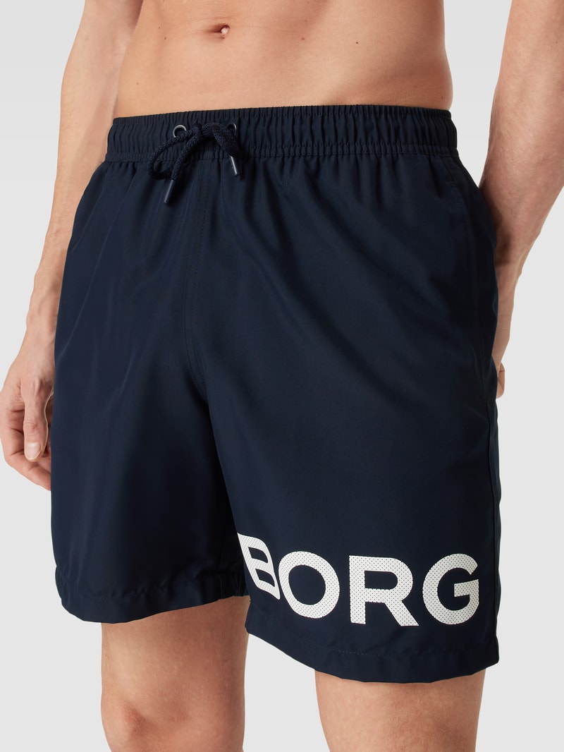 Badehose mit Label-Print Modell 'SHELDON' in dunkelblau