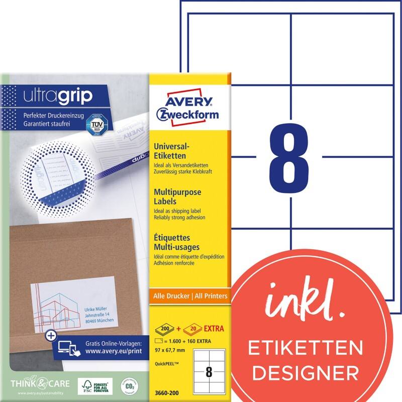 AVERY Zweckform Abziehhilfe QuickPEEL,ultragrip Universaletiketten 3660-200 Selbsthaftend DIN A4 Weiß 97 x 67,7 mm 220 Blatt à 8 Etiketten