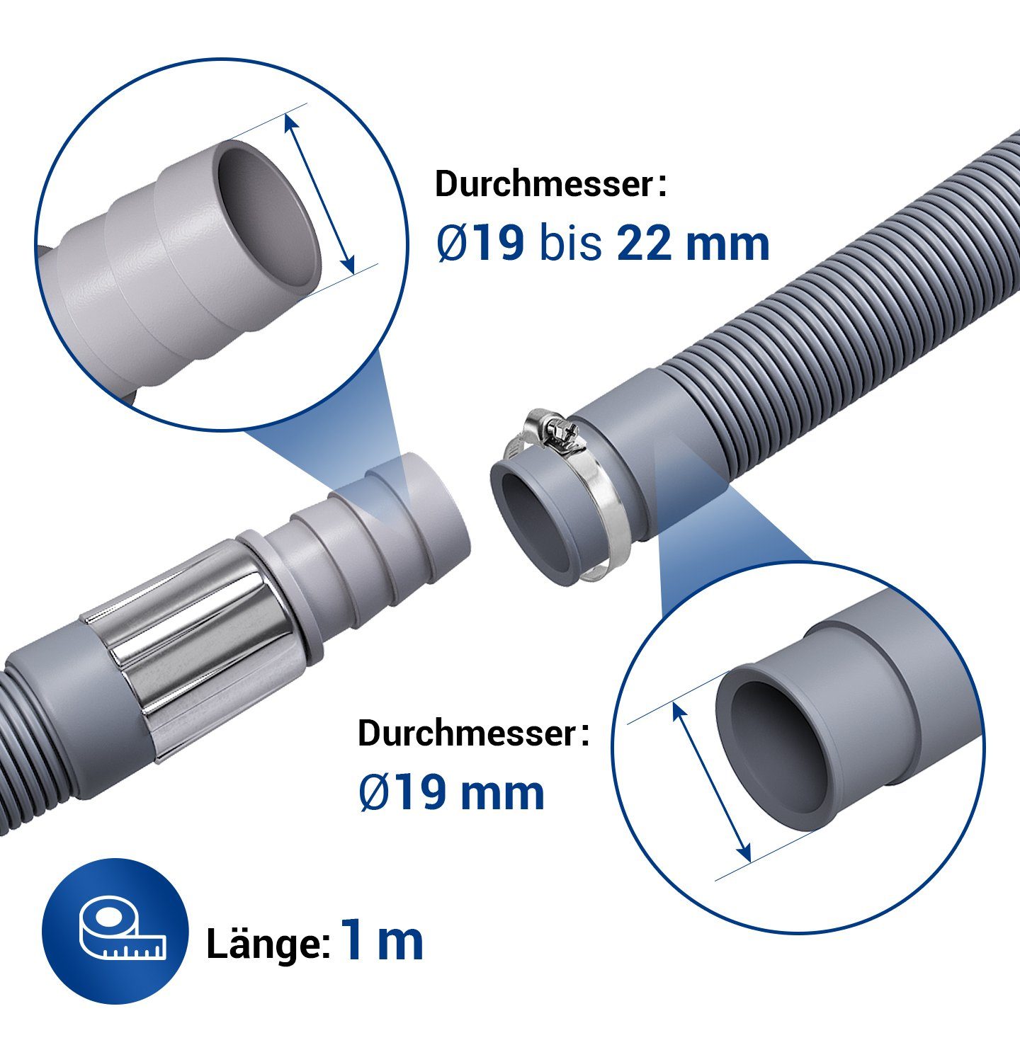 VIOKS Ablauf-Schlauchverlängerung SET: 1x Schlauchverlängerung plus 2x Schlauchschellen, Zubehör für Waschmaschine, Spülmaschine, Schlauch Länge 1 m / 2 m / 2,5 m