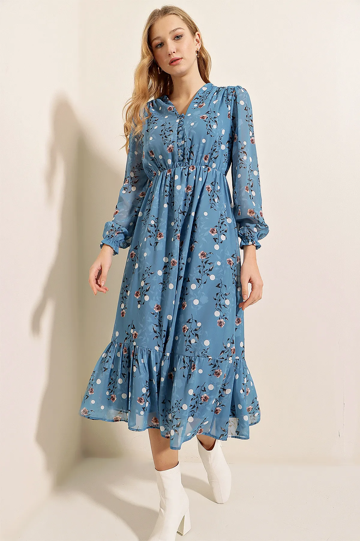 Bigdart  2137 Gemustertes Chiffonkleid – Blau