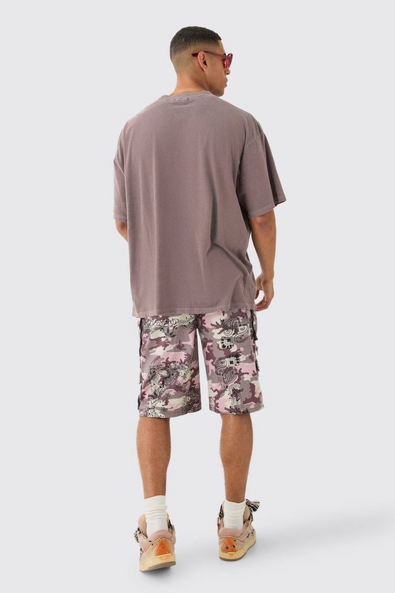 Oversized Extended Neck Acid Wash Distressed California Print T-shirt