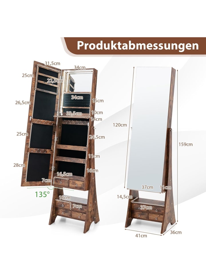 COSTWAY Schmuckschrank mit Beleuchtung in Braun günstig kaufen onesize