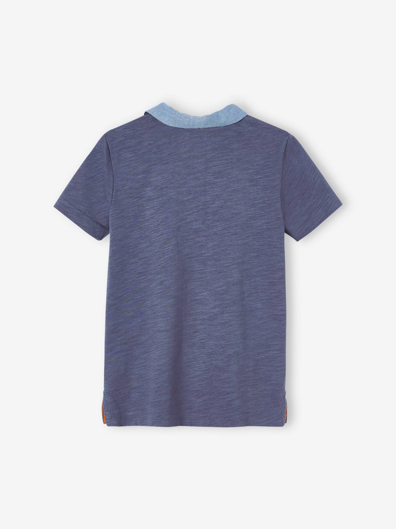 Polo à rayures placées garçon détails en chambray bleu ardoise