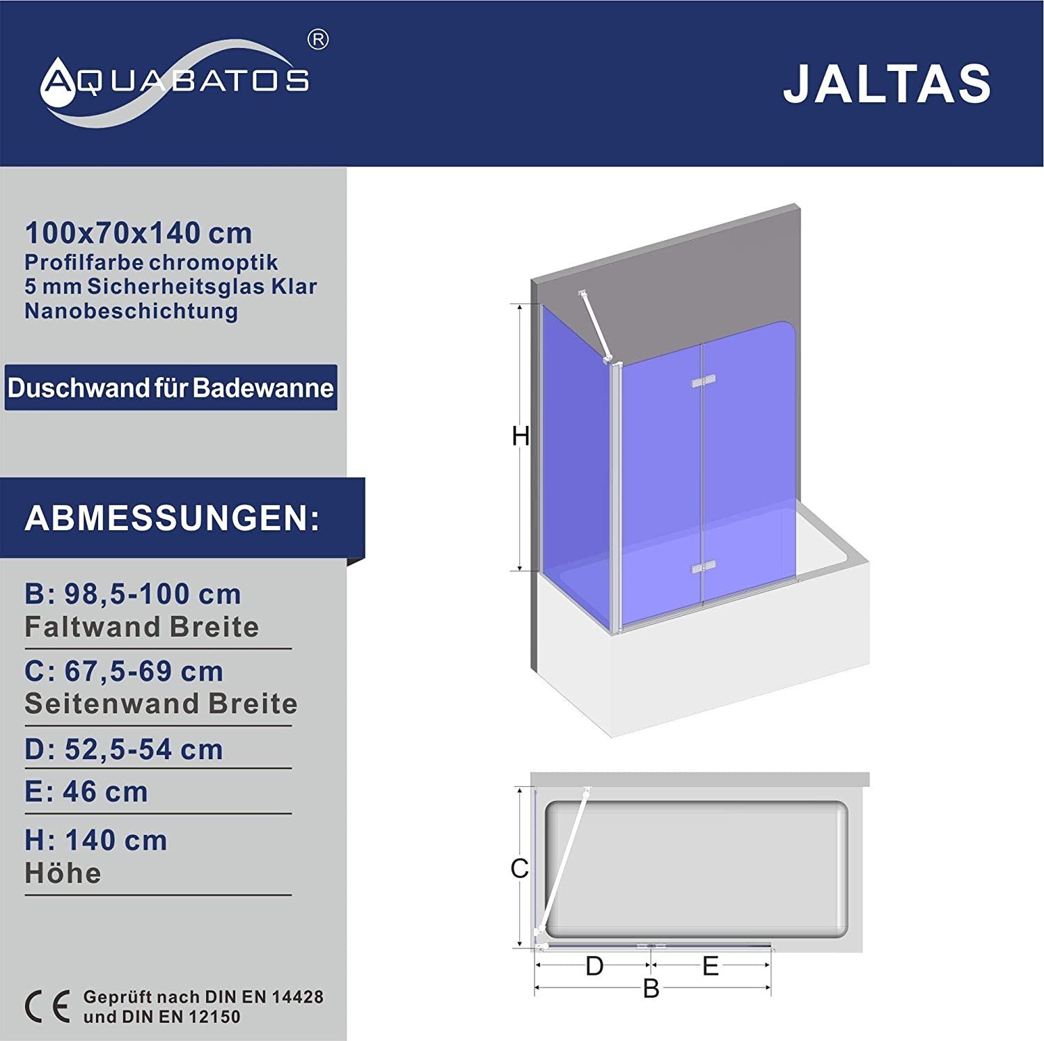 AQUABATOS Badewannenaufsatz Duschwand für Badewanne Badewannenaufsatz Duschabtrennung Faltwand, 5 mm Sicherheitsglas, Nano Beschichtung, Faltbar