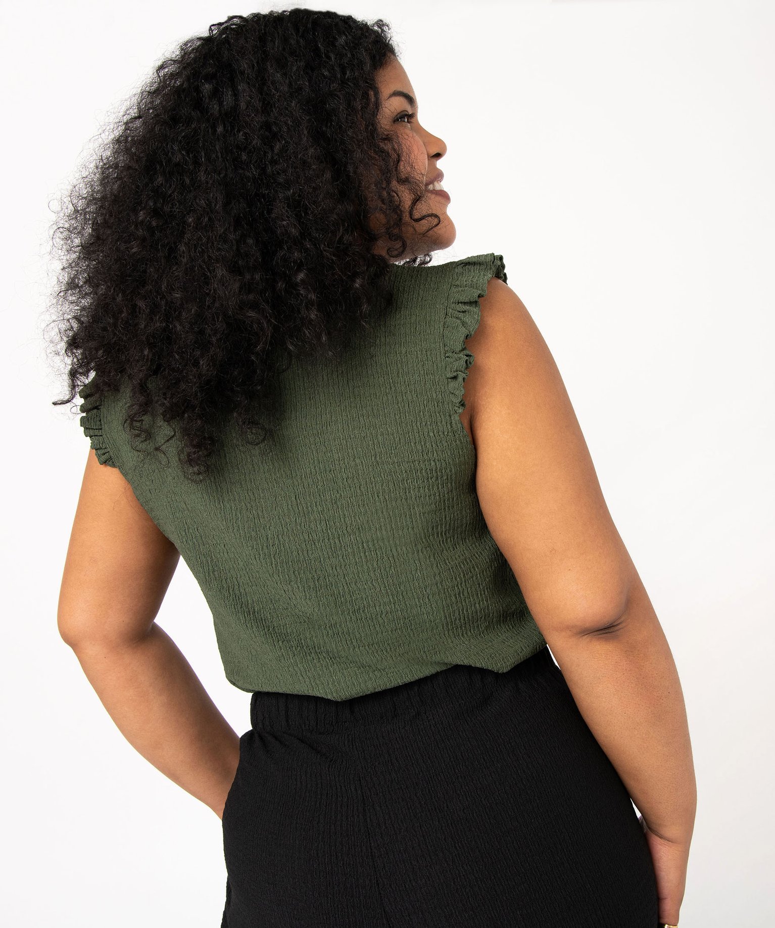 Tee-shirt col V avec volants aux emmanchures femme grande ta... vert | GEMO