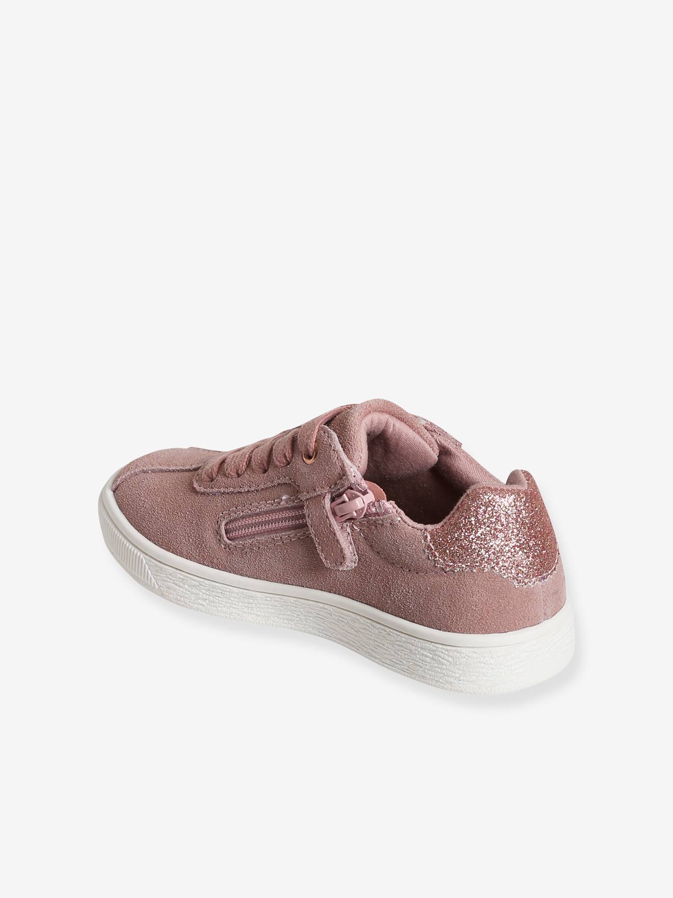 Baskets cuir fille lacées et zippées détails paillettes rose