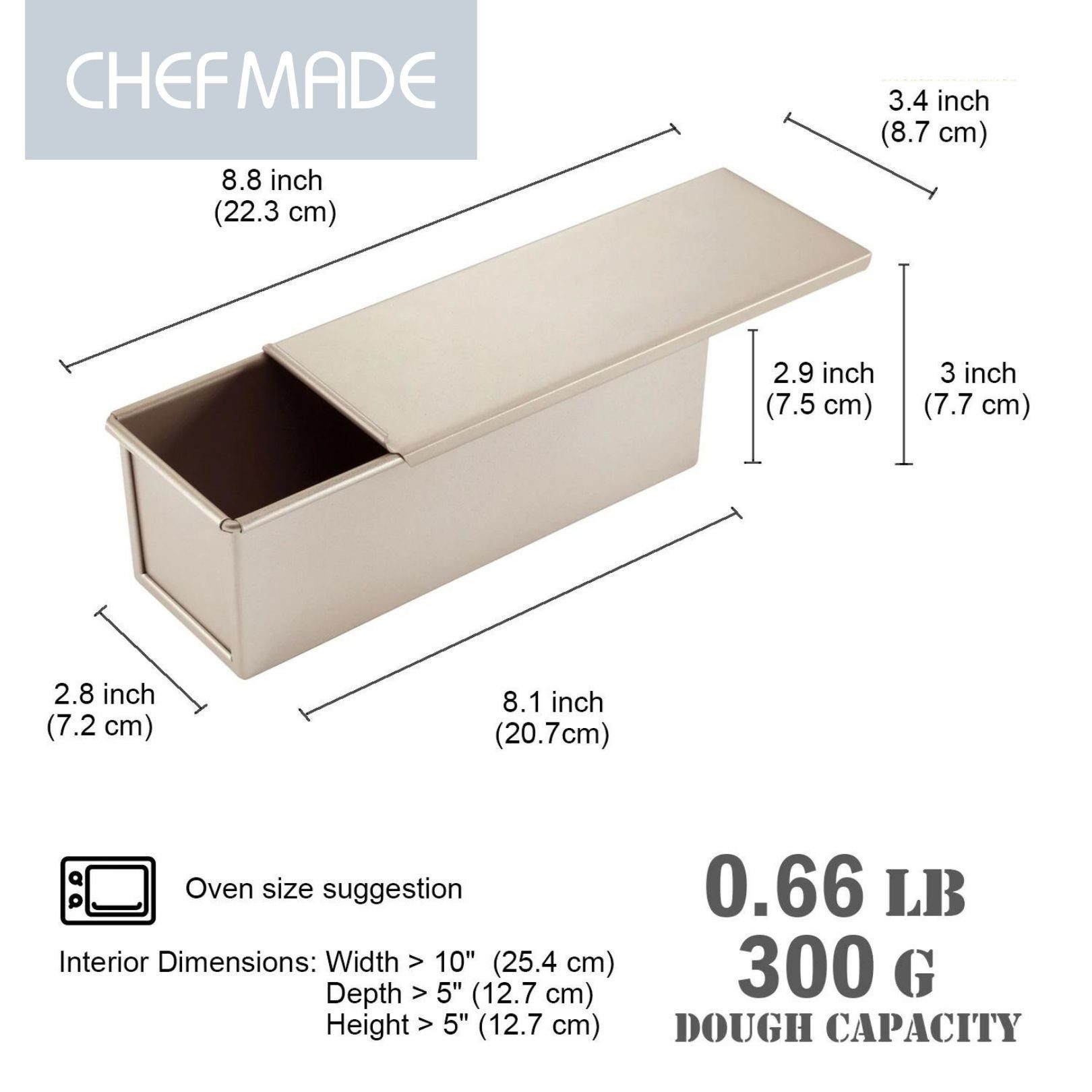 Chefmade Brotbackform Backform, (CHEFMADE, 22cm Toastbrot Backform mit Deckel, 223x87x77mm, Champagnergold, antihaft- & silikonbeschichtet, Buttertoastform, Kastenbrot-Form, Toastbackform, Brotbackform, loaf pan, Karbonstahl 2-tlg), Brotbackform mit