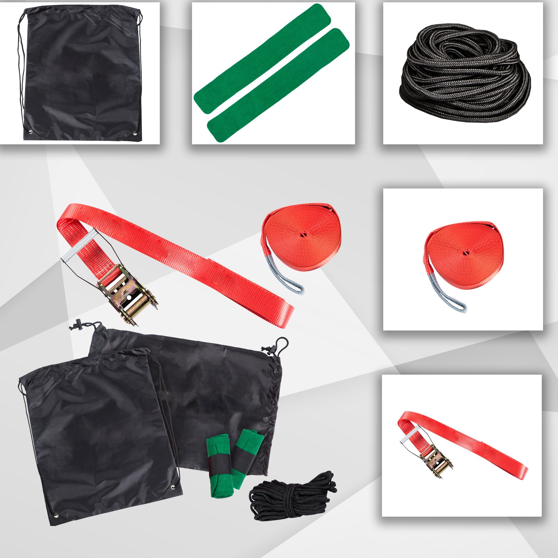 Zoomyo Slackline Komplett-Set mit Slackline 15 m Länge, inkl. Ratsche mit Schutz, Baumschützern und Hilfsseil – Slackline-Set ideal