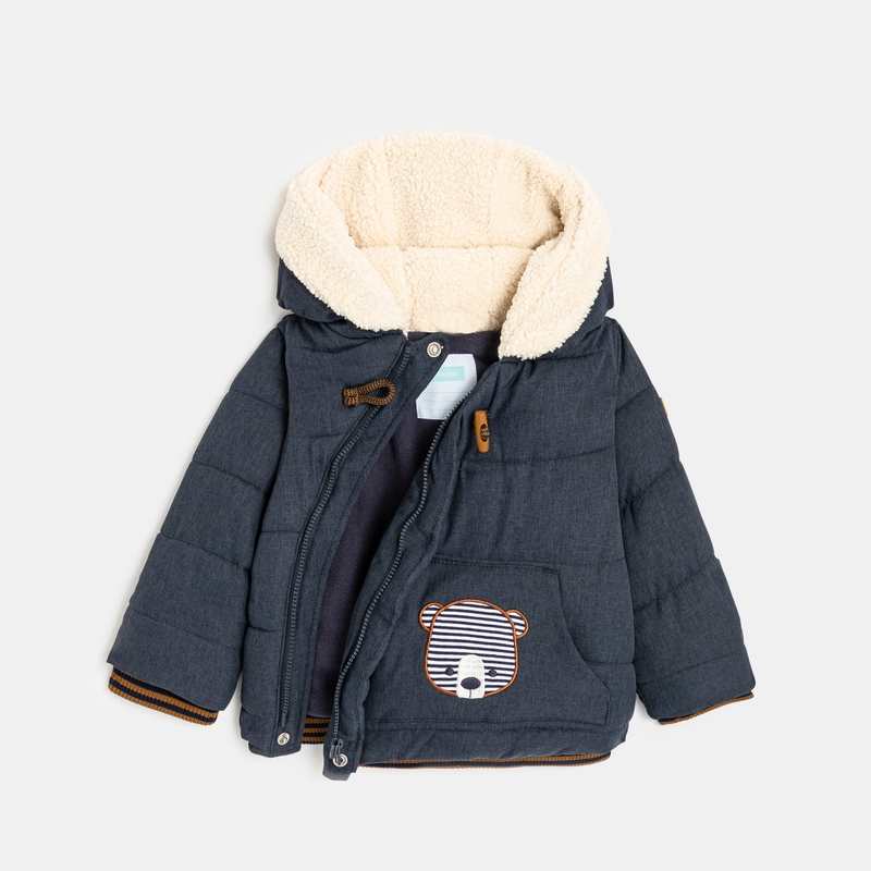 Manteau matelassé à capuche patch ours bleu bébé garçon