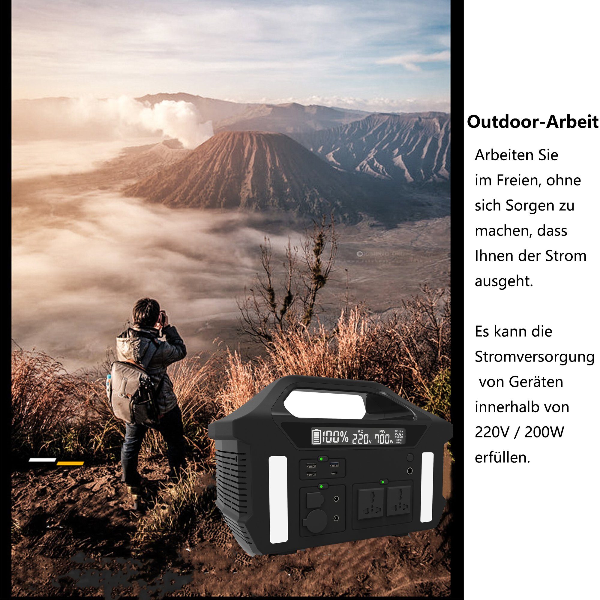 Mutoy Stromerzeuger Tragbare Powerstation 700W, Stromgenerator für Outdoor Notfall, (187200 mAh Stromgenerator mit Lithiumbatterie in Automobilqualität), Stromversorgung für Wohnmobil, Heimwerken und als Notstromaggregat