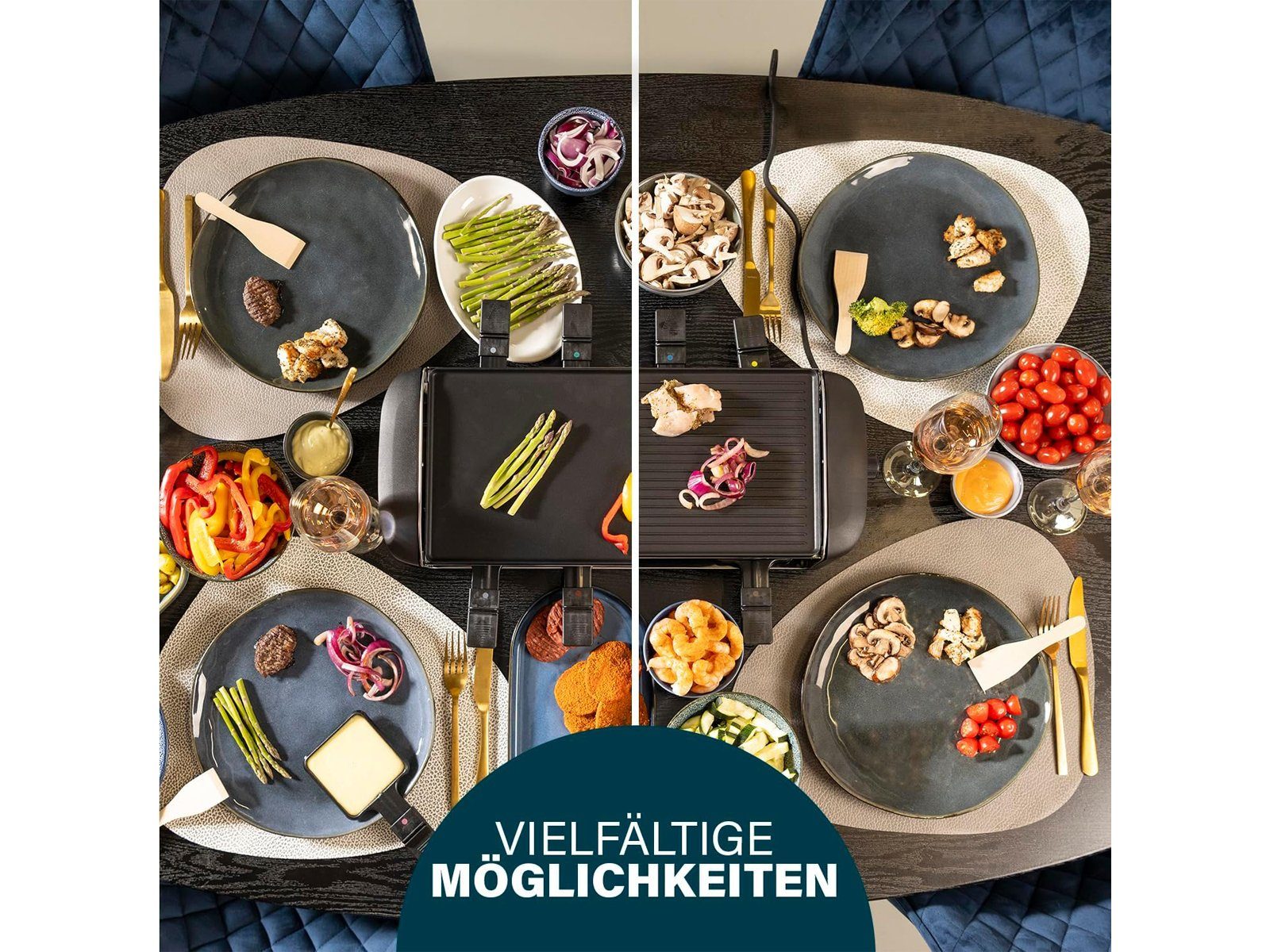Setpoint Raclette, 8 Raclettepfännchen, 1400 W, großes XL Gerät für 2-8 Personen Tisch-Grill wendbare Platte & Gabeln