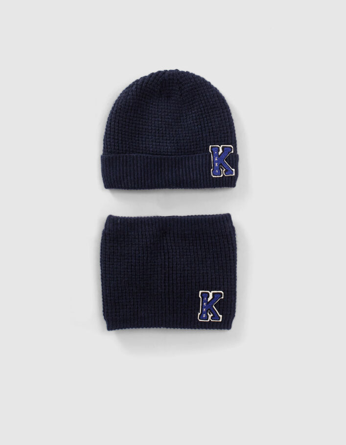 Snood marine tricot badge bouclette garçon
