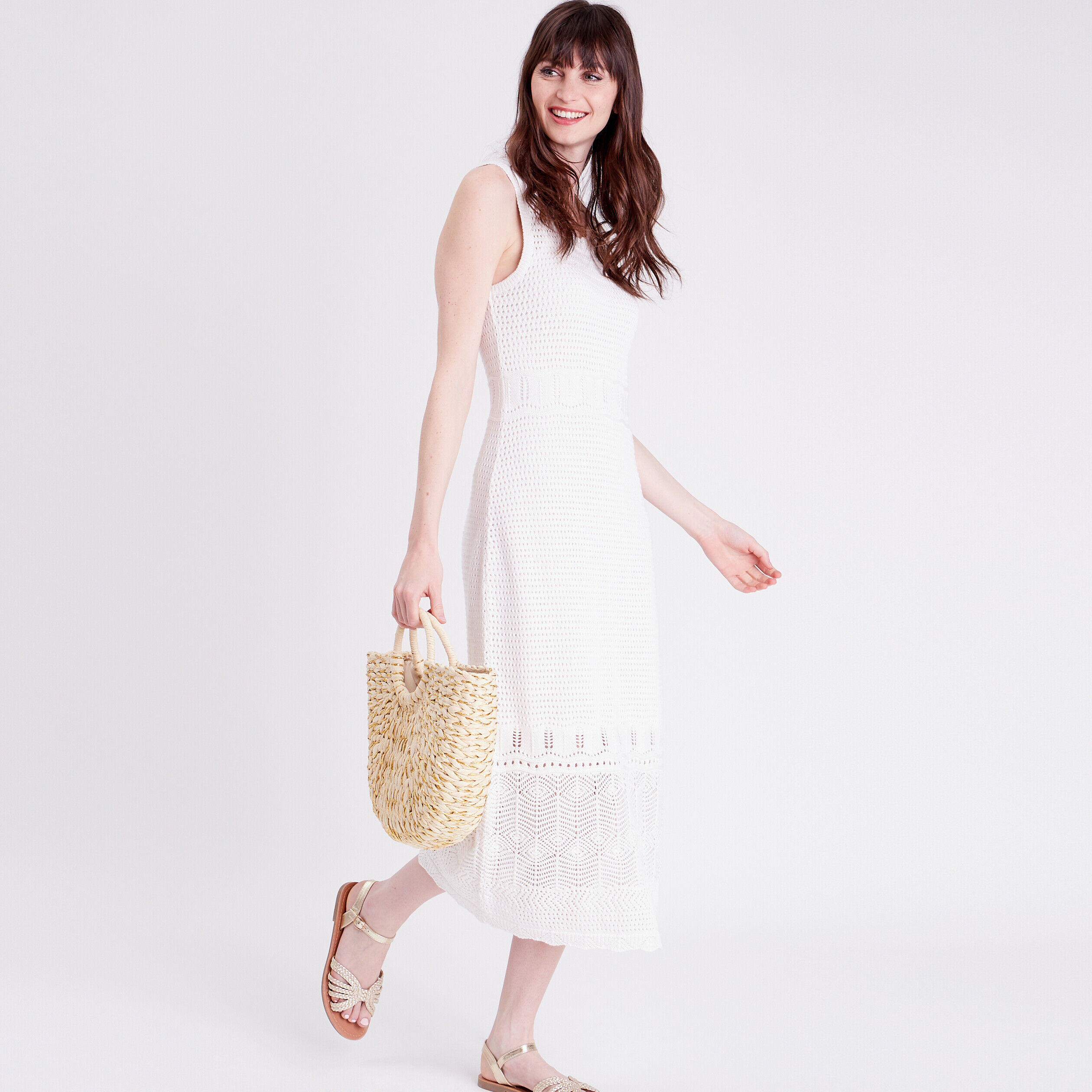 Robe longue trapèze crochet ecru femme | Cache Cache