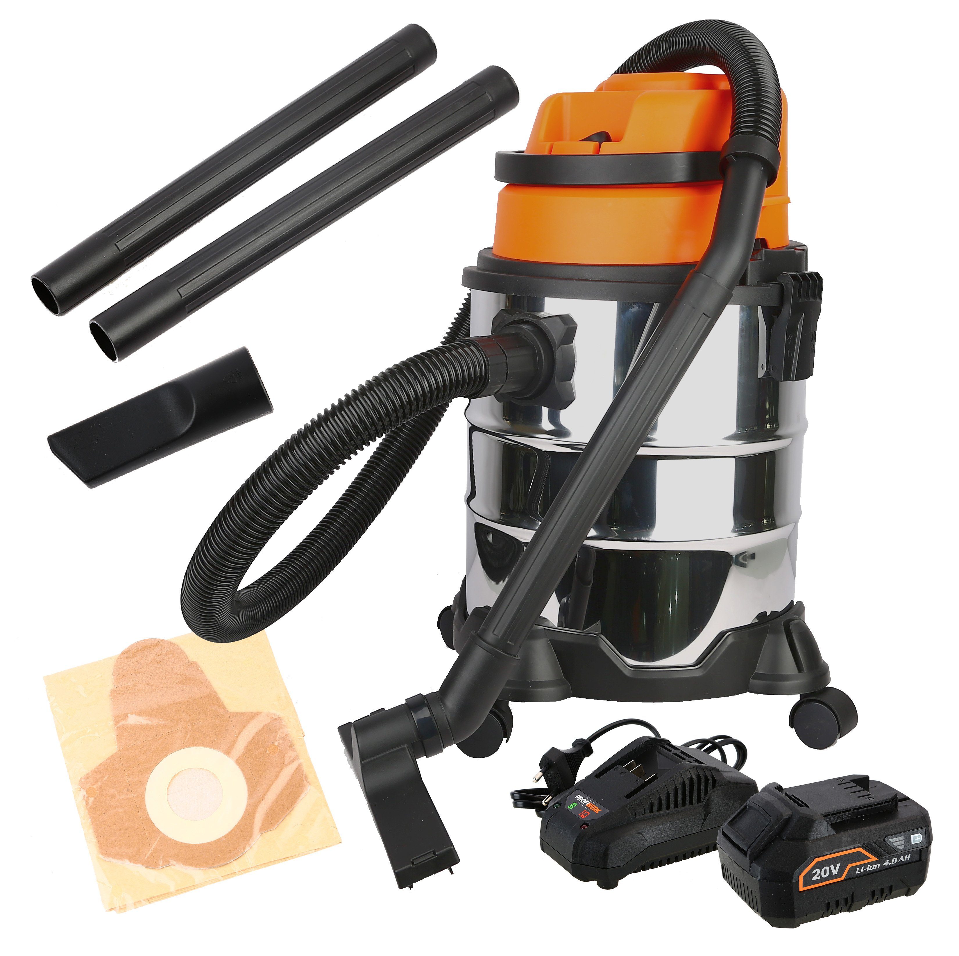 Profiwerk Nass-Trocken-Sauger PWNTS-01-Kit Akku-Sauger 20V, 20l, 8,0 Kpa, 80 W, Ausblasfunktion, 4,0Ah Akku, Ladegerät