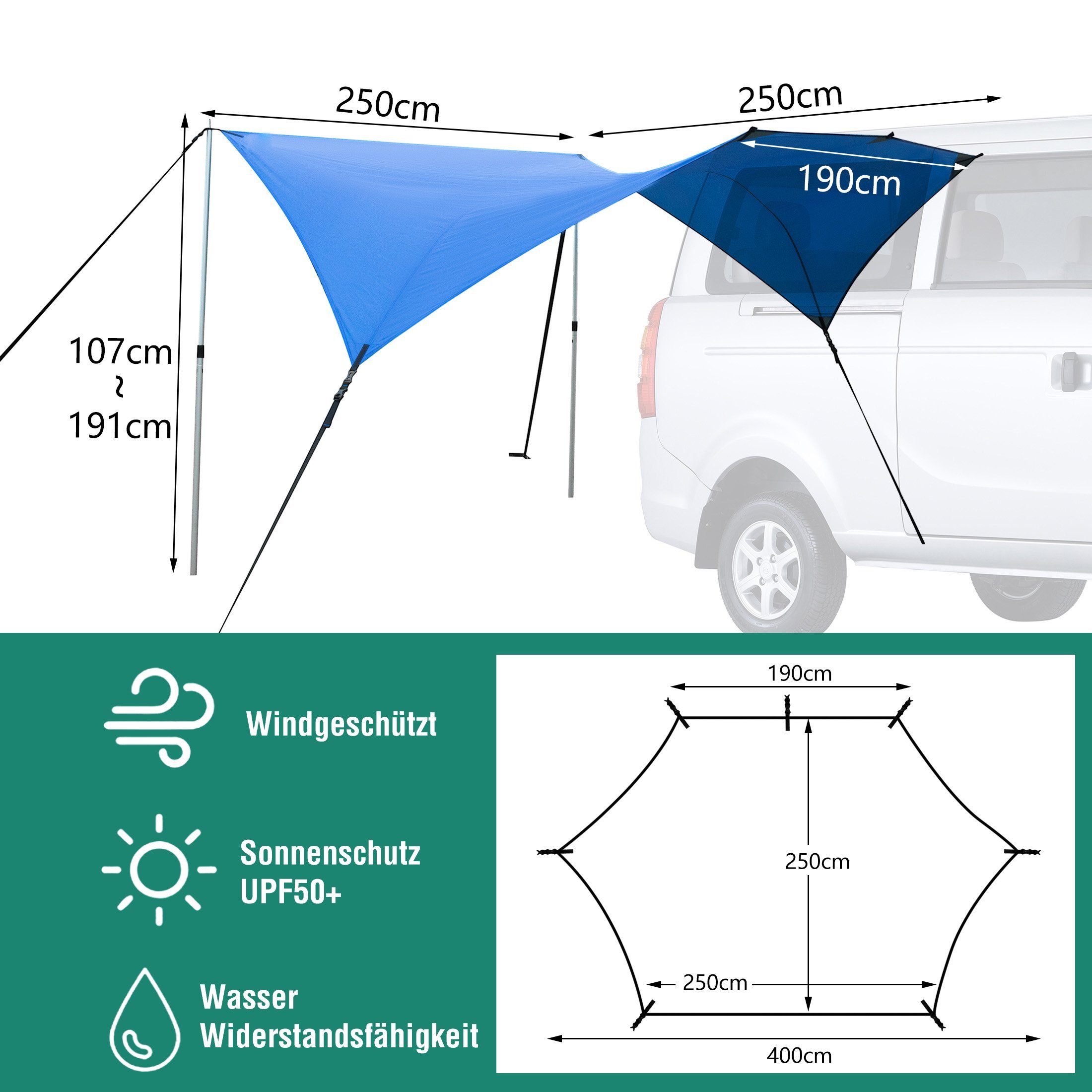 Zoomyo Sonnensegel Markise fürs Auto / Autovordach, einfache Montage, (Einer Tasche für den einfachen Transport), mit UV-Schutz 80+ durch Silberbeschichtung