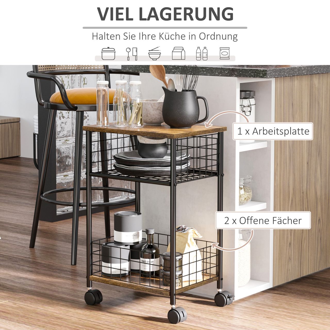 HOMCOM Küchenwagen Servierwagen mit Arbeitsplatte und 2 Aufbewahrungskörben Beistellwagen mit 360°-Lenkrollen Küchentrolley Aufbewahrungswagen Spanplatte Rustikal-Braun 40 x 30 x 62 cm