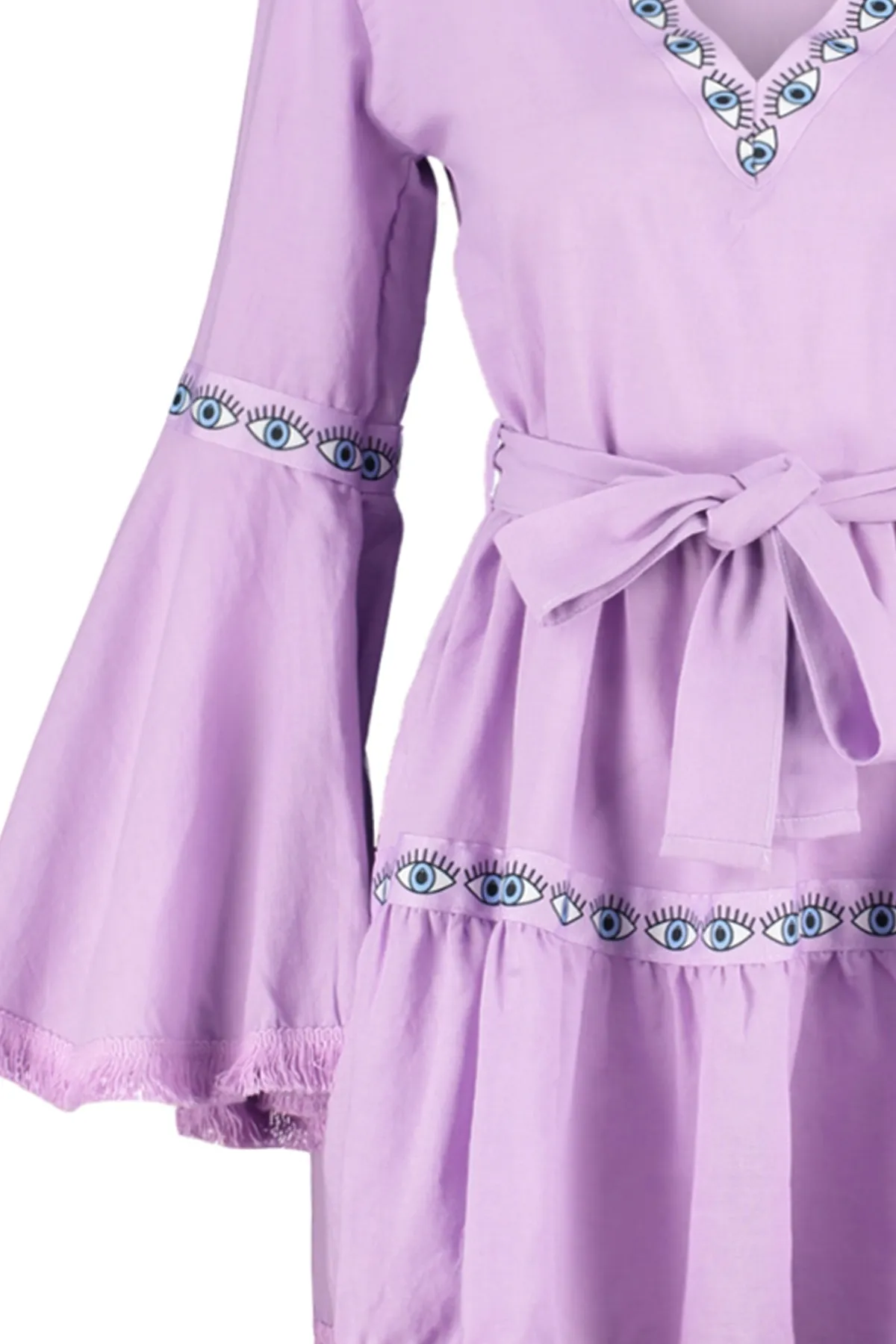 Trendyol Collection  Lilafarbenes Mini-Strandkleid aus 100 % Baumwolle mit gewebten Rüschen und Gürtel TBESS21EL1253