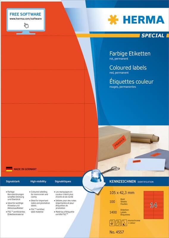 HERMA Farbige Multifunktionsetiketten 4557 Rot Rechteckig 105 x 42 mm 100 Blatt à 14 Etiketten