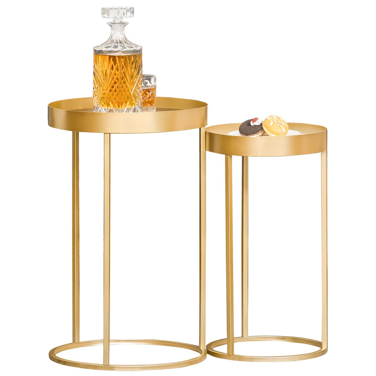 HOMCOM 2er Set Couchtisch Beistelltisch mit erhöhtem Rand Rund Sitztisch Kaffeetisch mit golden Metallgestell Wohnzimmertische für Wohnzimmer Schlafzimmer Retrodesign MDF Metall Gold