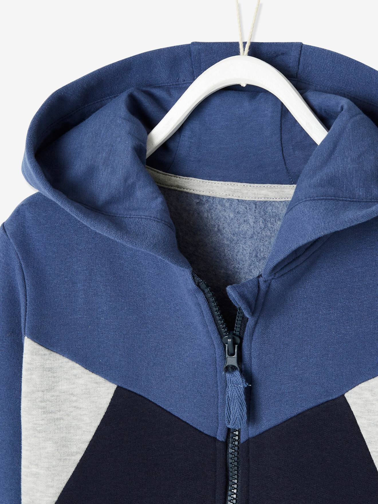 Sweat color-block zippé garçon motif au dos bleu