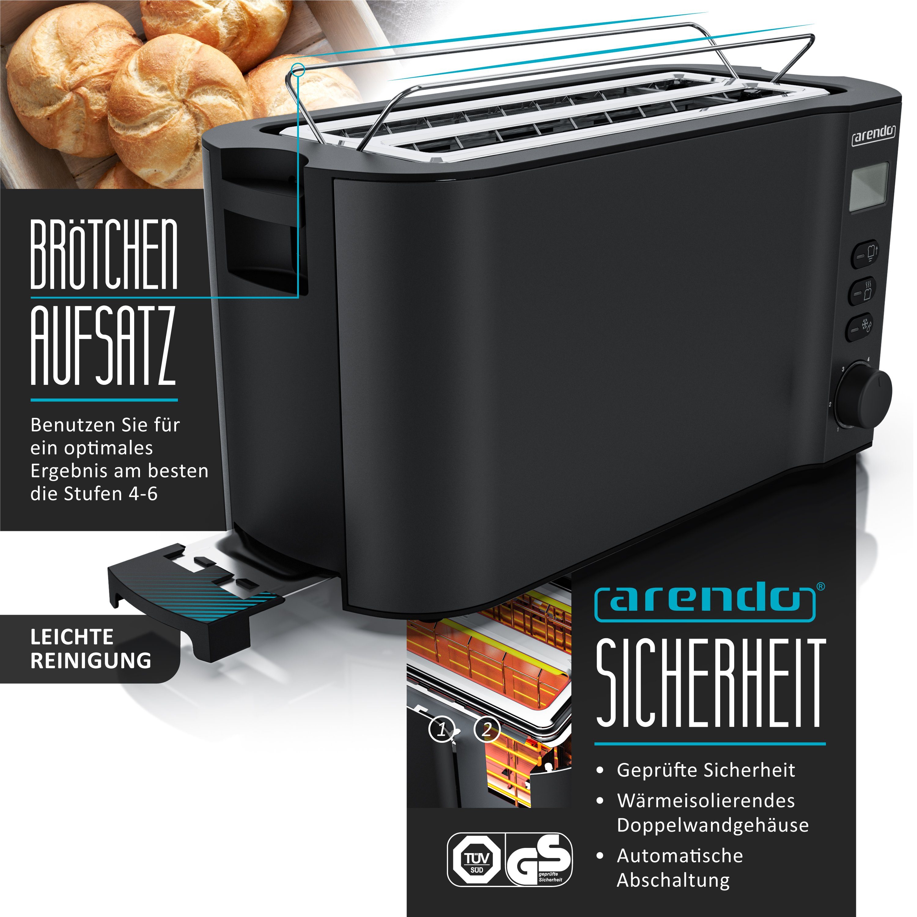 Arendo Frühstücks-Set (2-tlg), 4-Scheiben Langschlitz Toaster, 6er Eierkocher, Schwarz