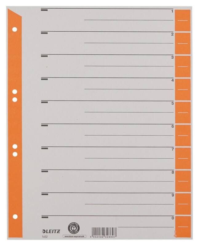 Leitz 1 bis 10 Trennblätter DIN A4 Überbreite Orange 10-teilig Pappkarton 6 Löcher 1652 100 Stück