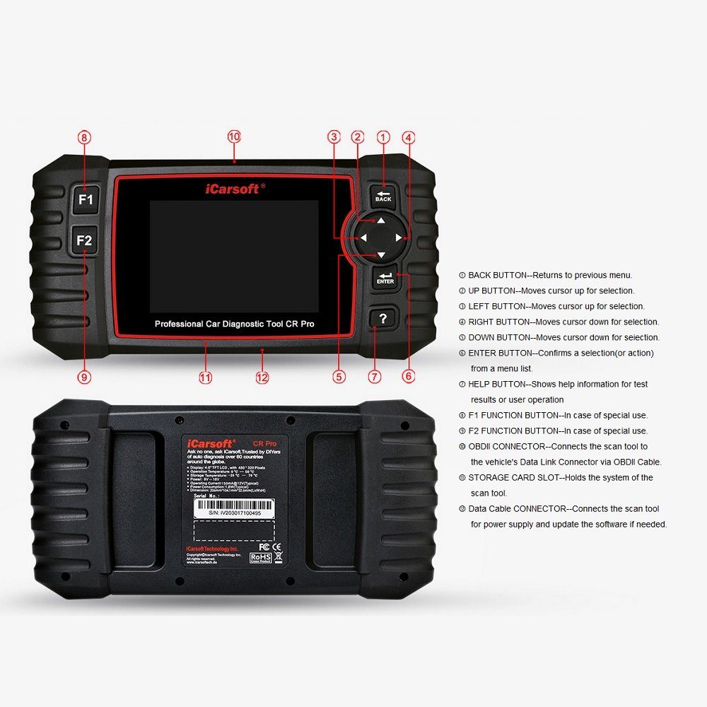 iCarsoft OBD2-Diagnosegerät CR PRO OBD-2 Scanner + Kostenlose Online Updates DEUTSCH