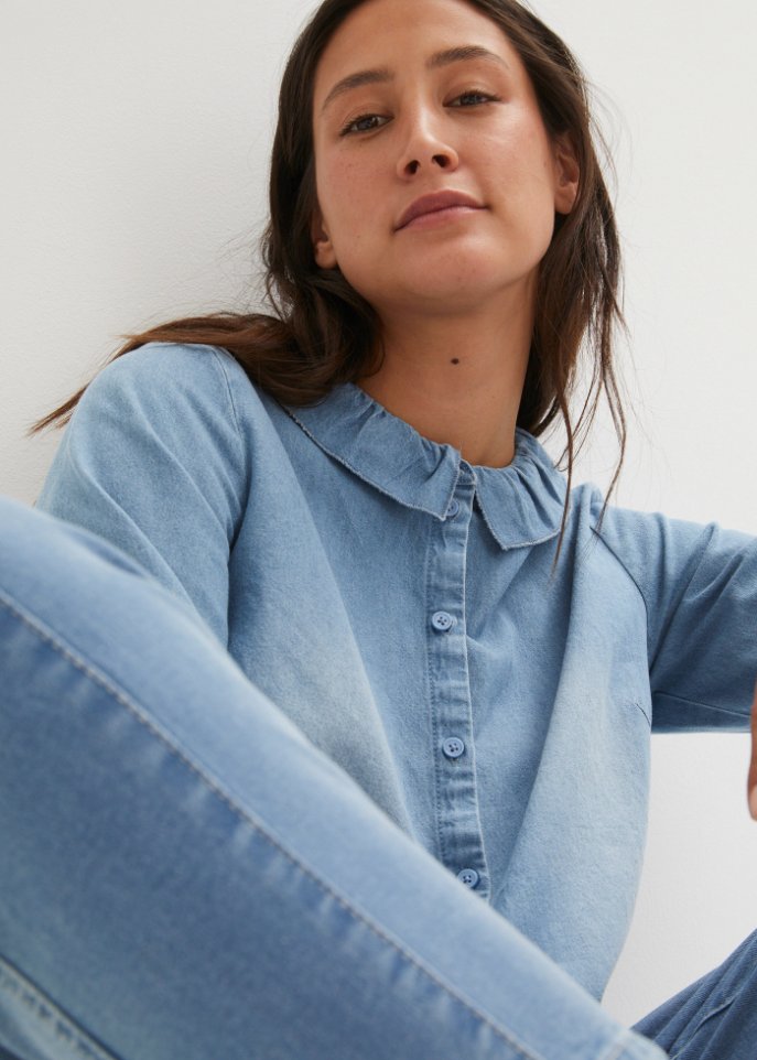 Lockere Jeansbluse mit Kragen, 7/8-Arm