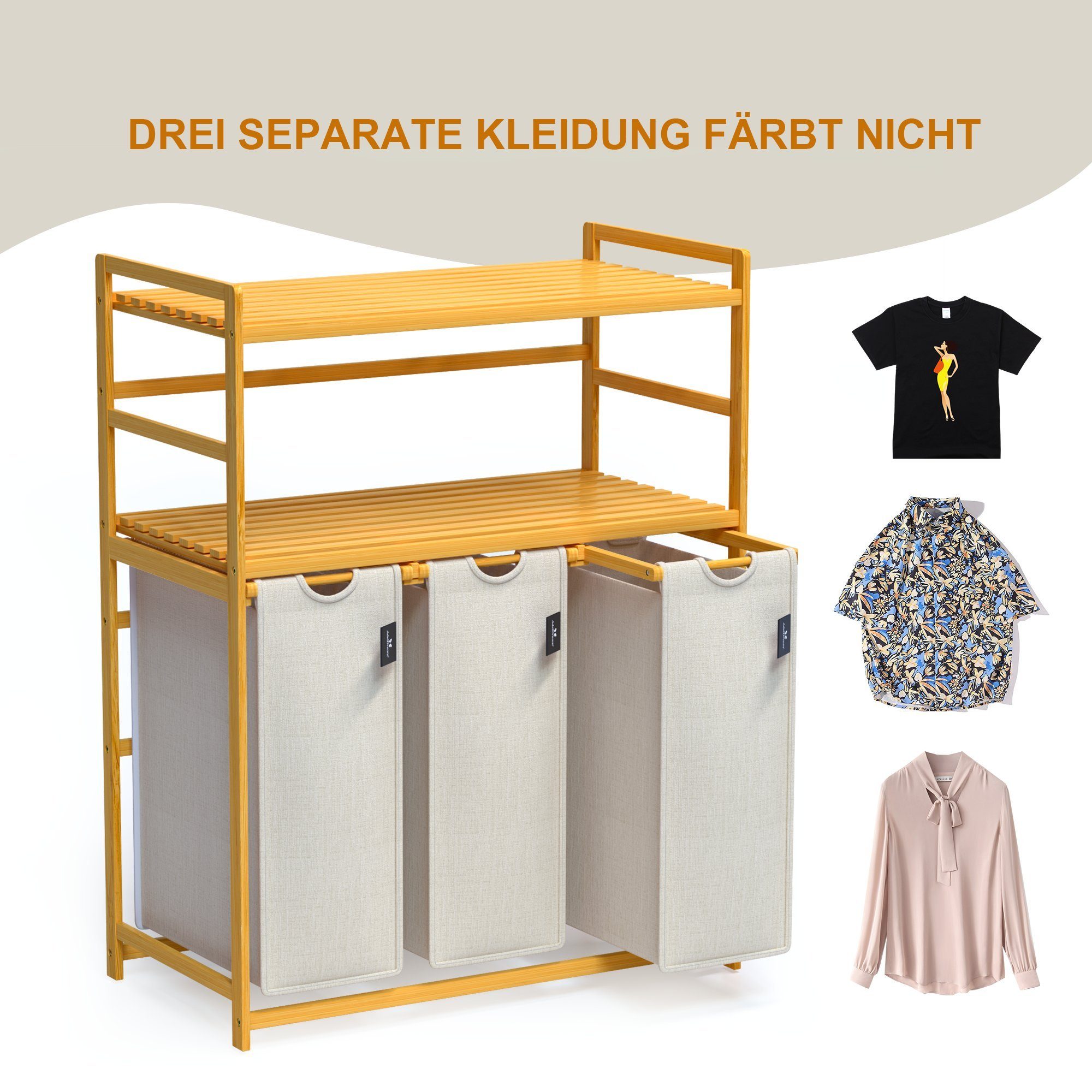 AdelDream Wäschekorb 150 l, 3 Fächer, 2 Regale Wäschesortierer